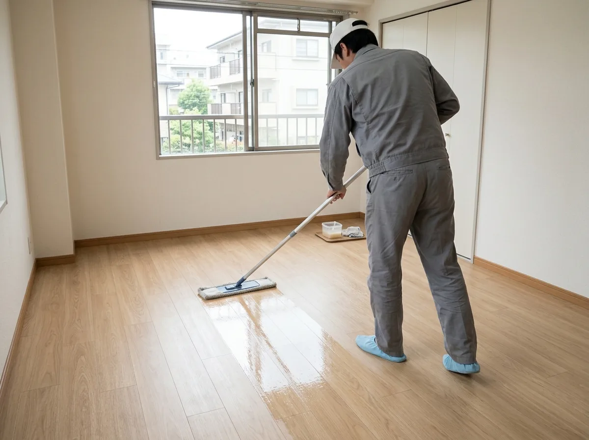 光沢の帯が残るフローリングに、作業員がモップでワックスを塗っている様子