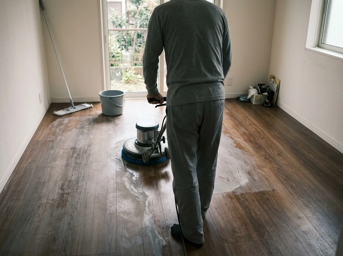 家具を出した空き部屋で、床洗浄機が古いワックスをはがしながら進んでいる様子