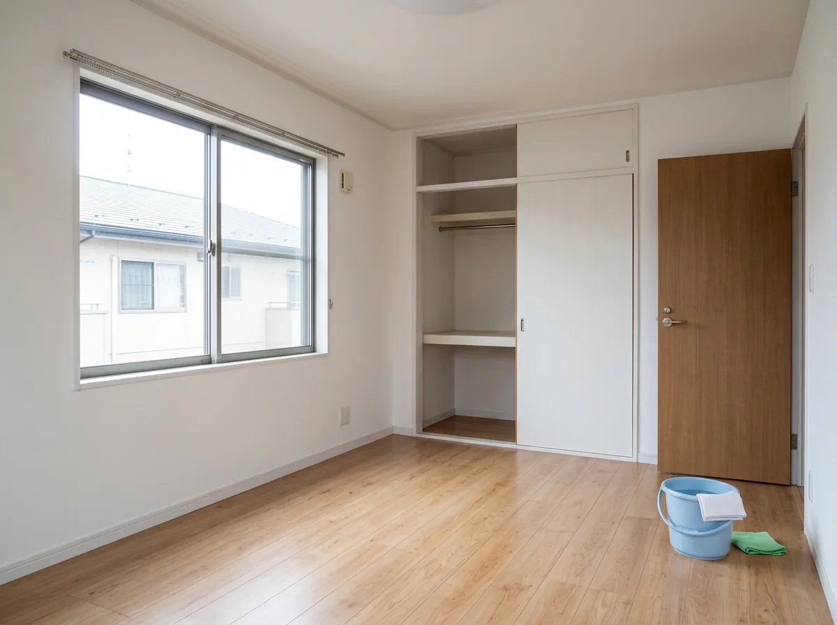 家具を運び出したあとの空室。床と壁が拭き上げられ、ドアの横にバケツとたたんだ布が置かれている