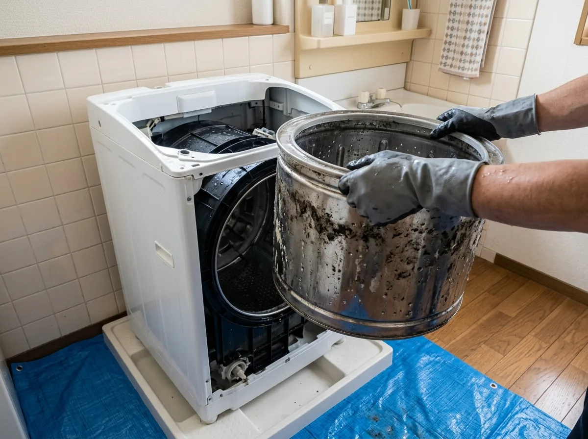 上ぶたと操作部のカバーを外した縦型洗濯機から、内側の洗濯槽を持ち上げて取り出している様子